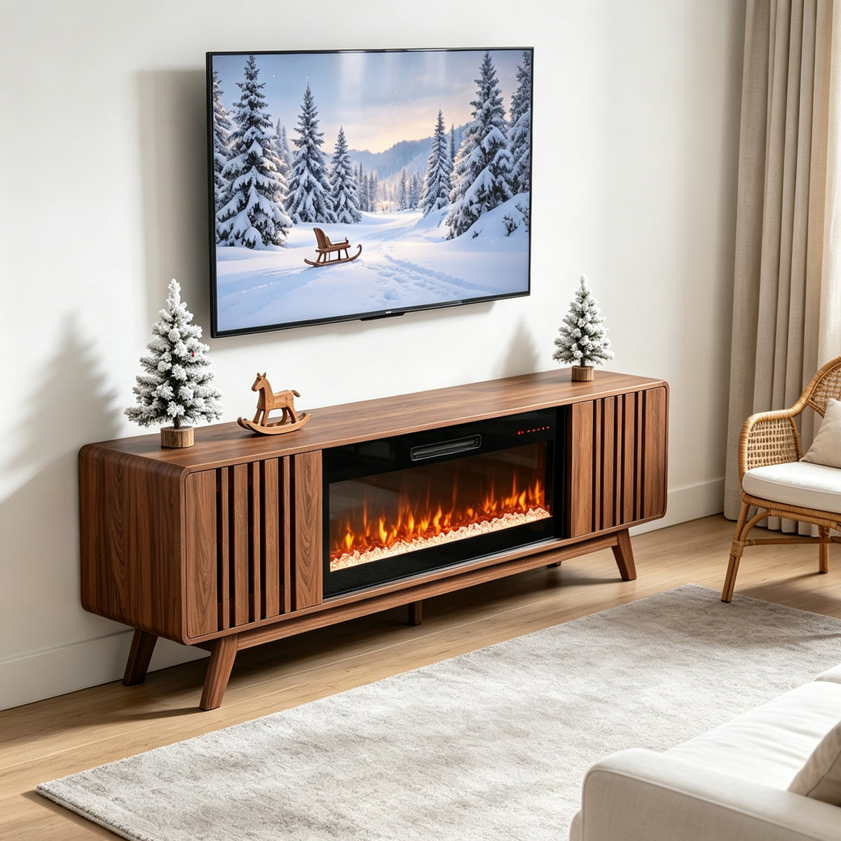 78 Inch Mid‑Century Modern Electric Fireplace TV Stand, Media Console for 85 Inch TV, 1400W Heater with 16 Color Flame, Touch & Remote Control, Walnut