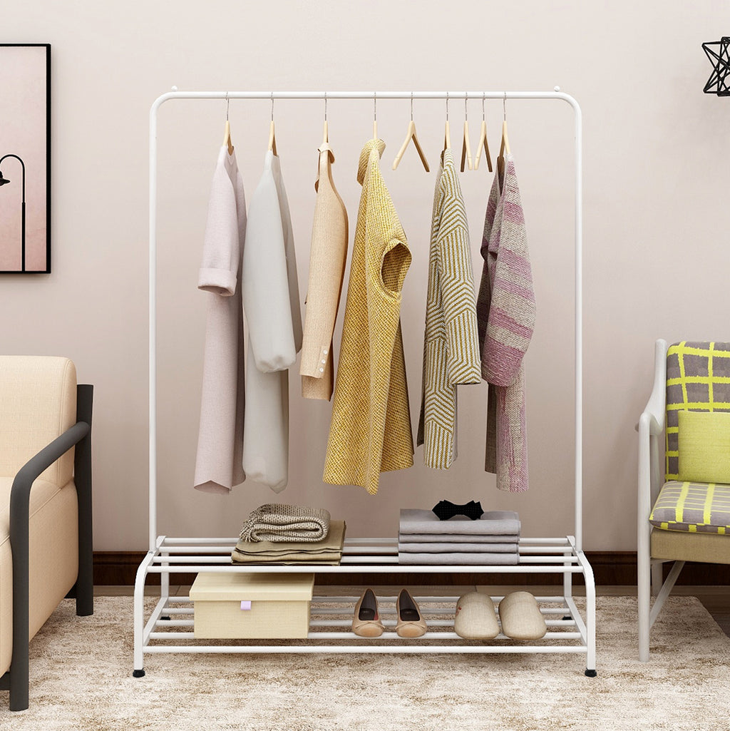 Heavy Duty Garment Rack, Metal Clothes Rack with Bottom Shelf, Standing Coat Rack for Bedroom, Laundry Room, Small Spaces, 47.2'L x 17.7'W, White