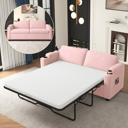 72.8' Corduroy Sleeper Sofa Loveseat Sofa with Full Size Mattress, Two USB Ports, Two Cup Holders, Two Side Pockets and a Phone Holder for Living Room, Pink
