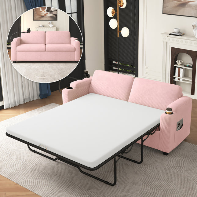 72.8' Corduroy Sleeper Sofa Loveseat Sofa with Full Size Mattress, Two USB Ports, Two Cup Holders, Two Side Pockets and a Phone Holder for Living Room, Pink