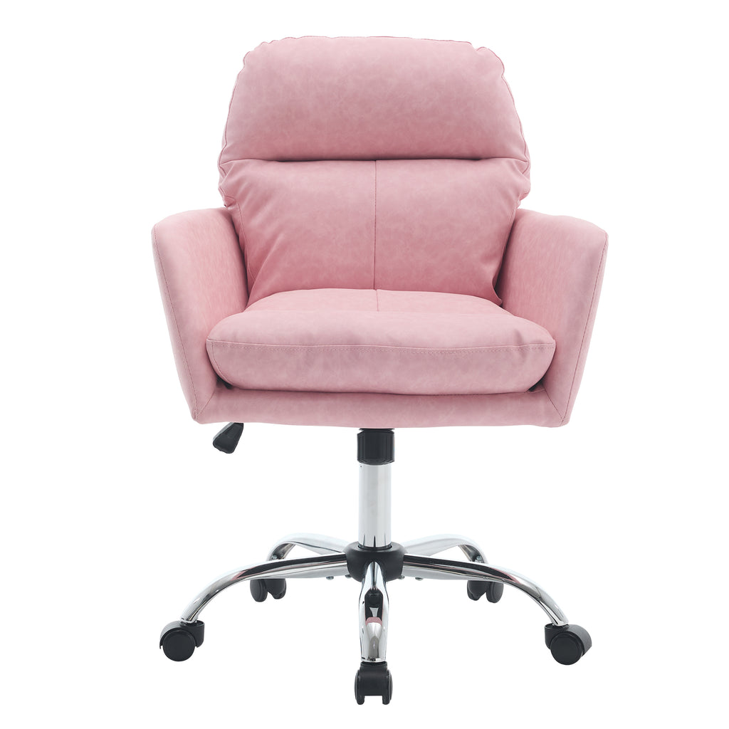 Pink PU Leather Office Chair with Adjustable Height, Black Base, Ergonomic Design for Office, Bedroom, and Dressing Table
