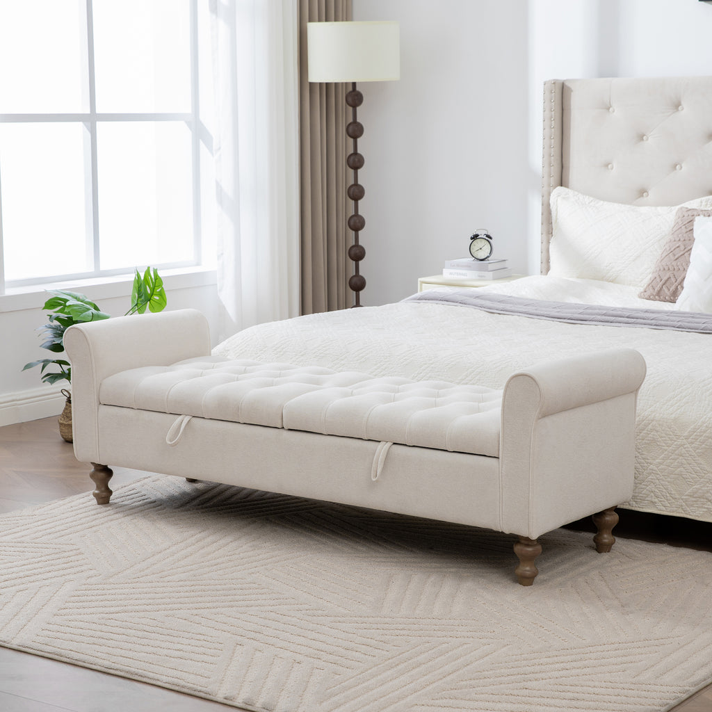 65.75' Wide Modern Upholstered  Storage Bench With Double Lids, Napped fabric Foot Stool With Rolled Armrest, Bench Daybed With Rubberwood Legs For Living Room, Entryway, Dormitory, Bedroom,Beige