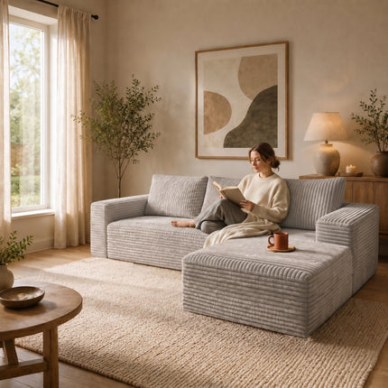 Modern Gray Corduroy Sectional Sofa with Right-Facing Chaise, L-Shaped Couch with Deep Seats & Soft Cushions, Contemporary Velvet-Like Upholstery for Living Room, Apartment (96.65' W)