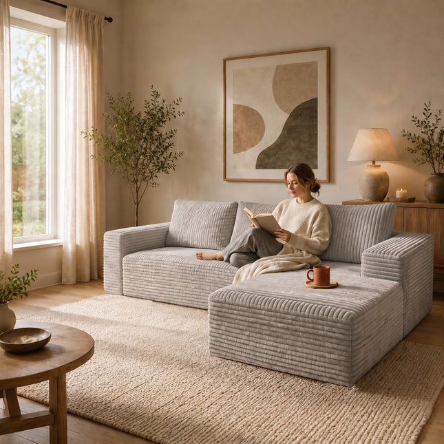 Modern Gray Corduroy Sectional Sofa with Right-Facing Chaise, L-Shaped Couch with Deep Seats & Soft Cushions, Contemporary Velvet-Like Upholstery for Living Room, Apartment (96.65' W)