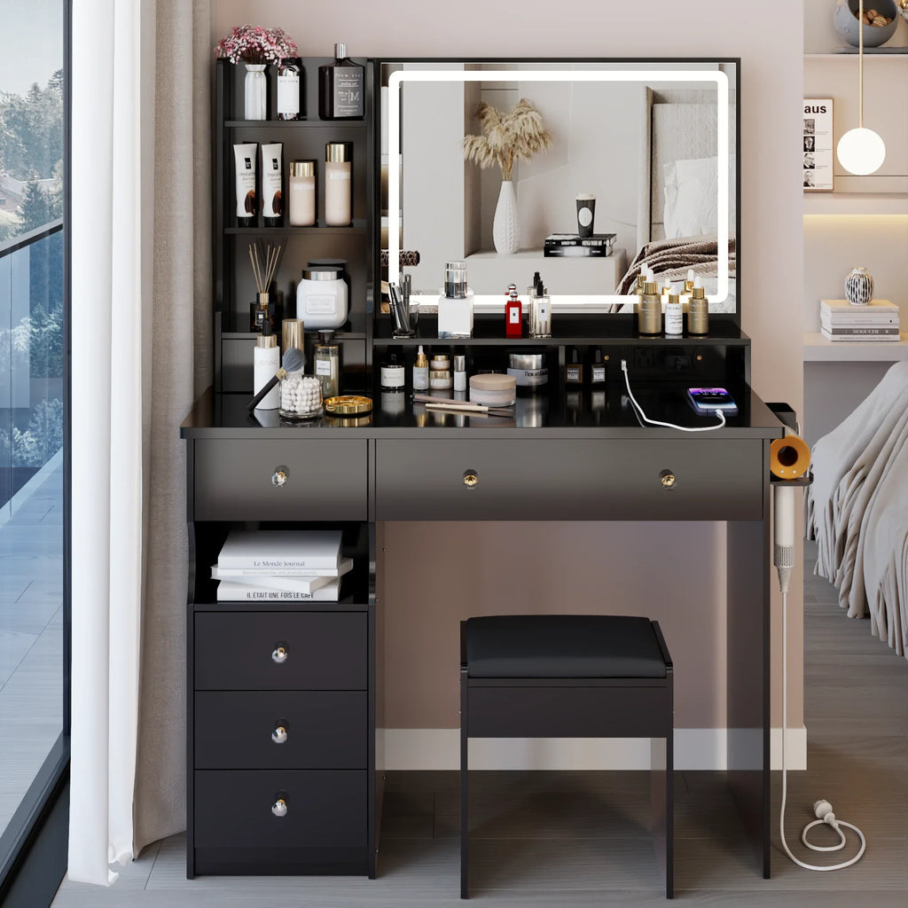 41' Large Size Left Drawer Desktop Vanity Table+Cushioned Stool Dresser Set, 2 AC+2 USB Power Station, Hair Dryer Stand, Extra Large Touch Control LED Mirror, 3-color Switch, EPA, GCC, UL Certificate - Eloy Royal