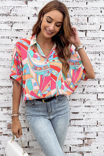 Multicolor Abstract Print Half Batwing Sleeve Loose Shirt - Eloy Royal