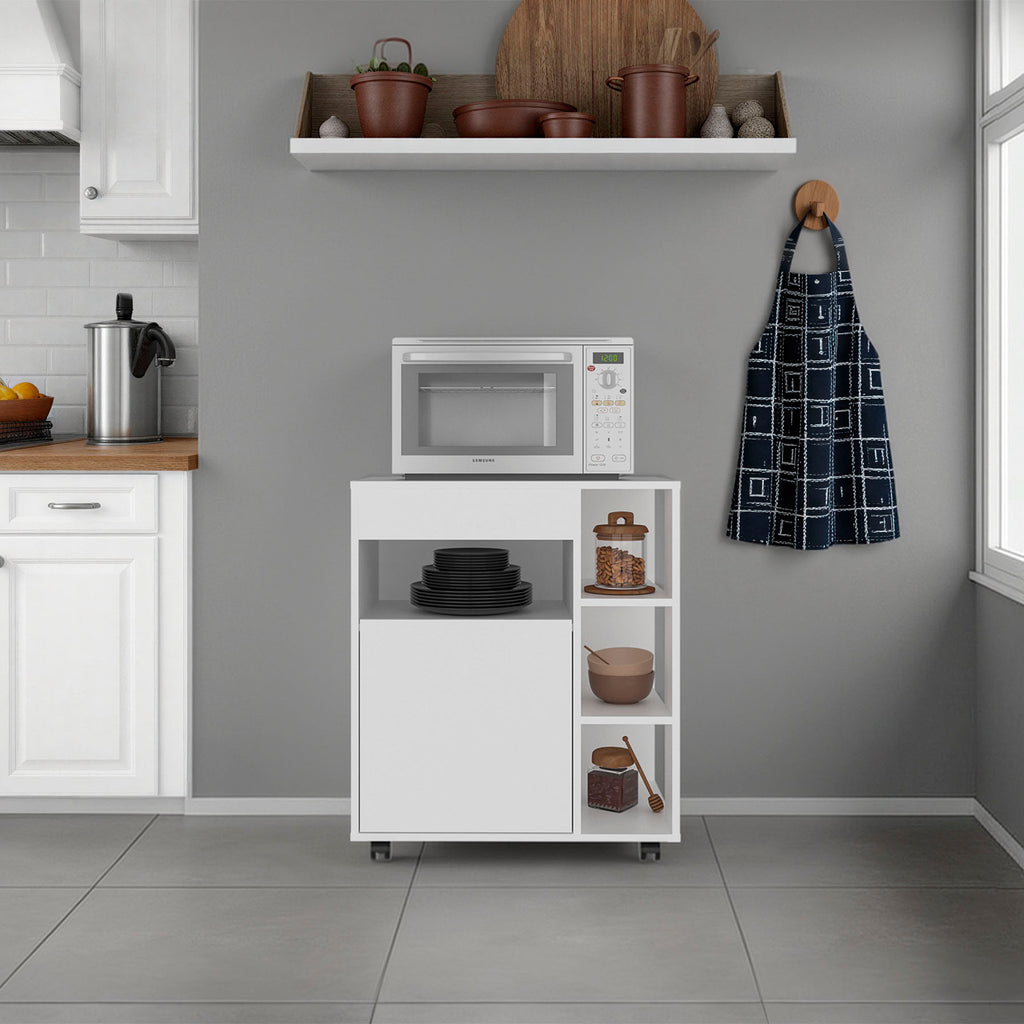 Jud Microwave Cart with 5 Shelves, 1 Door, Cabinet Storage, and Rolling Casters, White