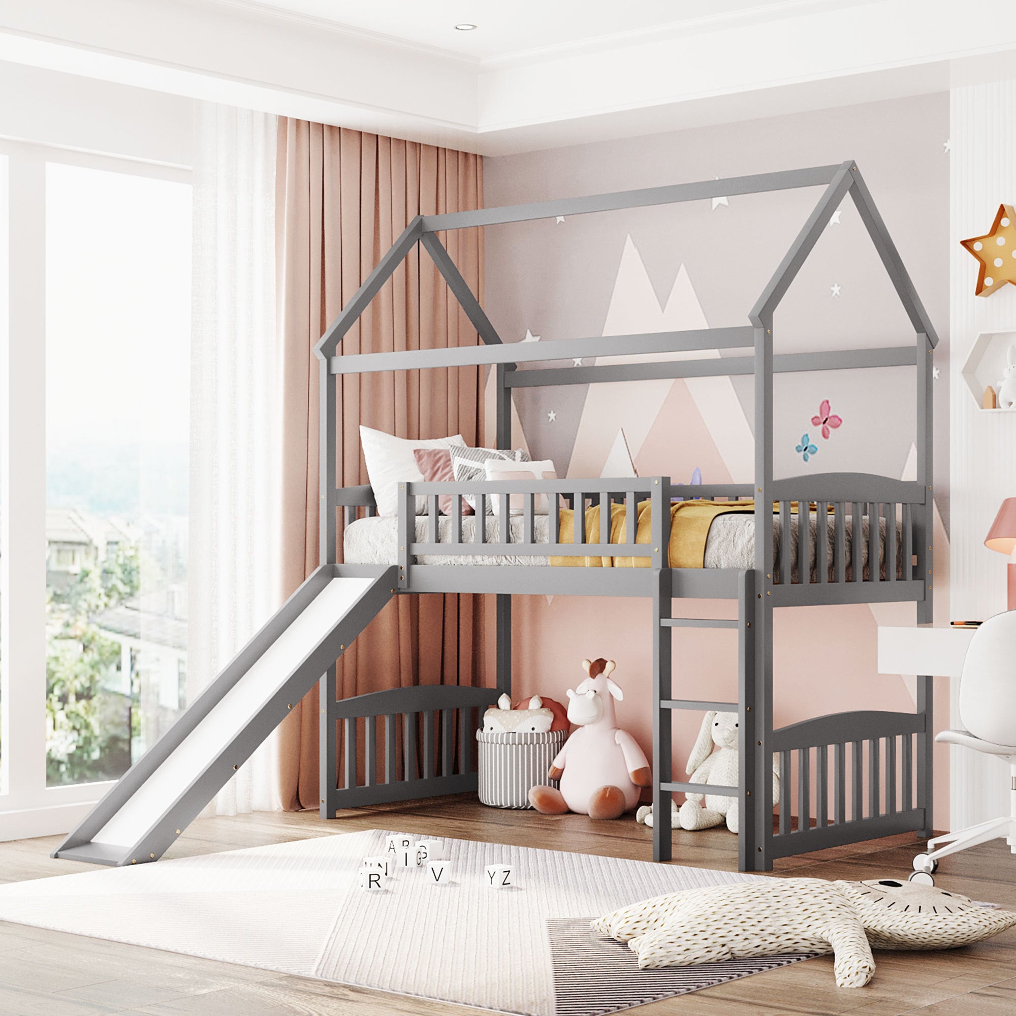 Twin Loft Bed with Slide, House Bed with Slide,Gray(OLD SKU :LT000212AAE)