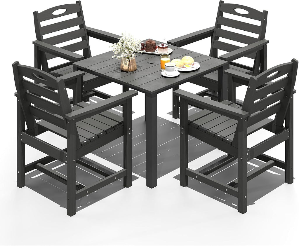 HDPE Outdoor Dining Set, All-Weather Outdoor Dining Table Set of 5 with 2' Umbrella Hole, Outdoor Patio Dining Set for Garden, Poolside, Backyard, Deck, Grey