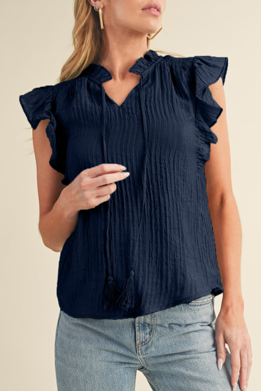 Navy Blue V Neck Flutter Shoulder Textured Blouse - Eloy Royal