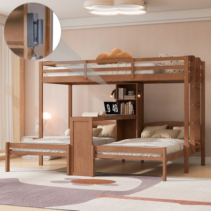 Twin over Twin&Twin Bunk Bed with Built-in Desk and Storage Shelves with