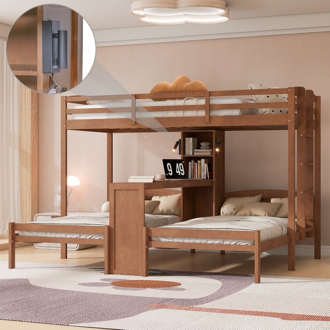 Twin over Twin&Twin Bunk Bed with Built-in Desk and Storage Shelves with