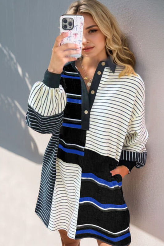 Oh Full Size Striped Half Button Long Sleeve Mini Dress