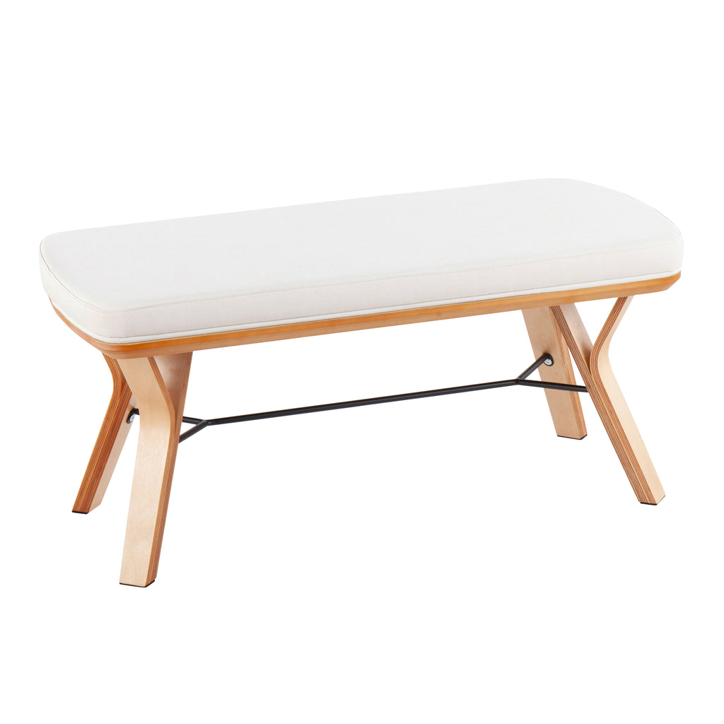 Folia Mid-Century Modern Bench in Natural Wood and Cream Fabric by