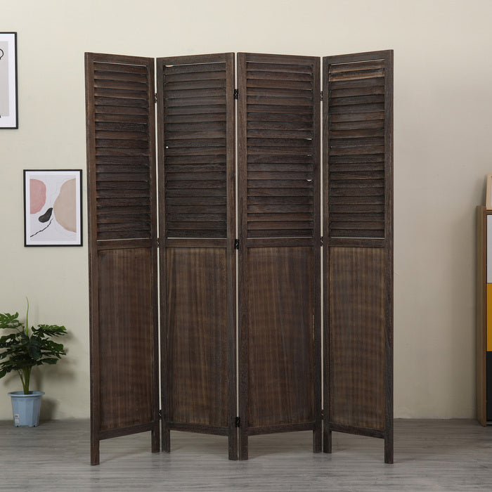 Antique Brown 4 Panel Foldable Room Divider, Rustic Wood Window Shutter Style Room Divider