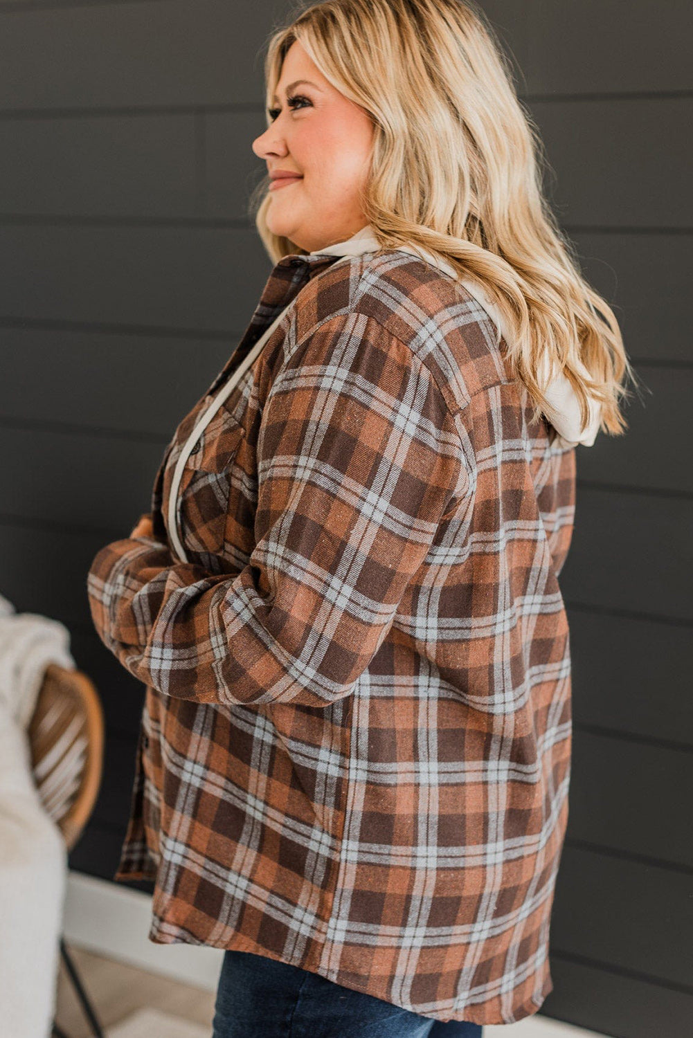 Brown Plus Size Plaid Button Up Contrast Hooded Shirt - Eloy Royal