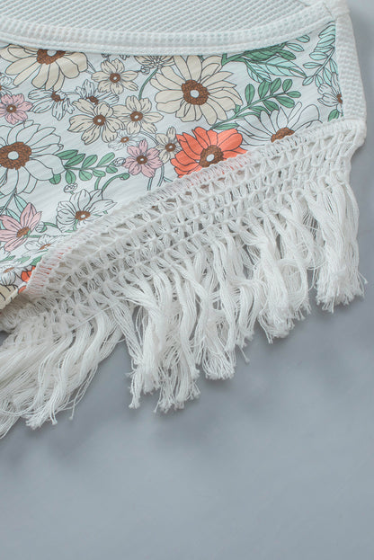 White Boho Floral Print Fringe Shoulder Sleeveless Shirt - Eloy Royal