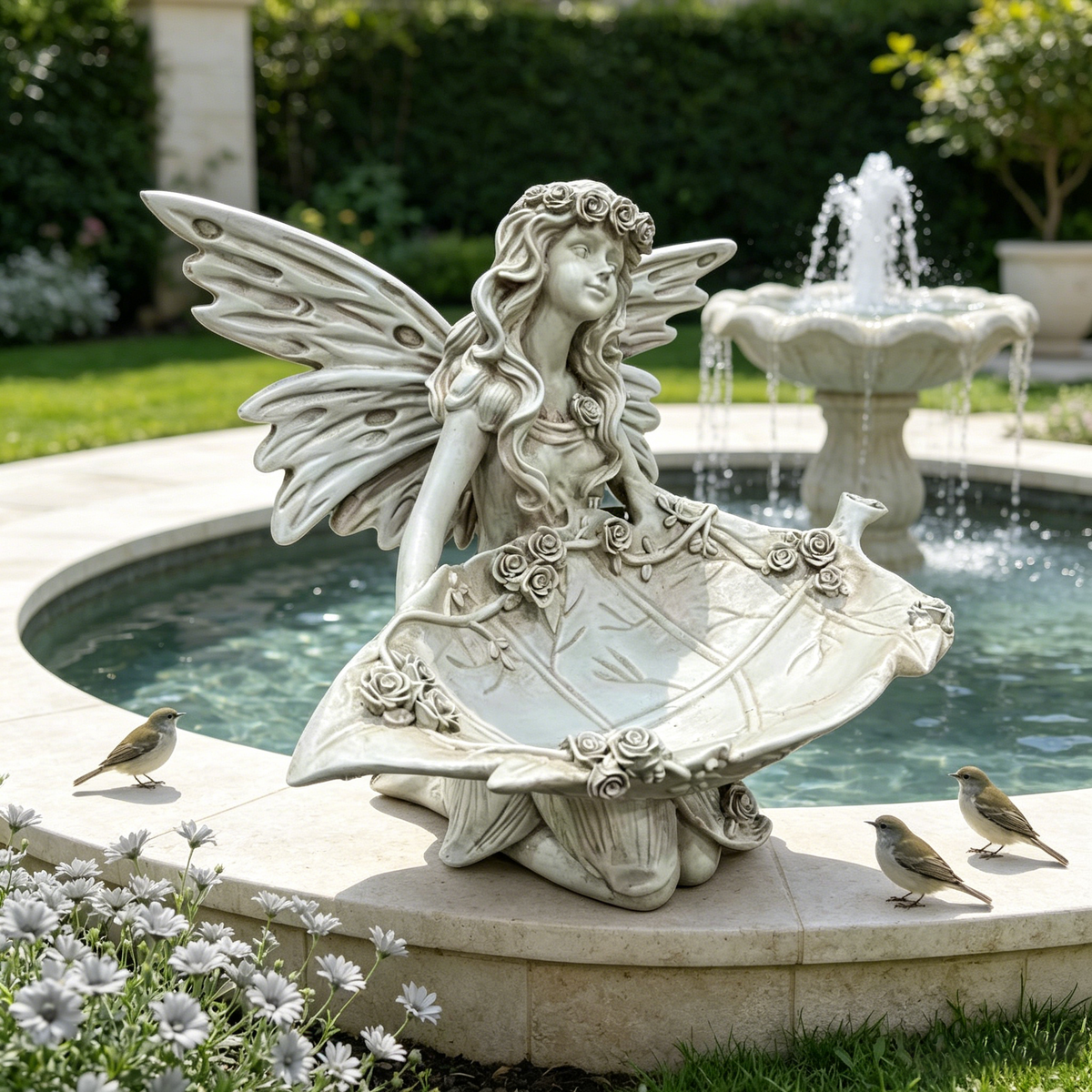 12.80' High Garden Fairy Figurine, 14.37' Wide Resin Angel Statue with Leaf Tray, Multi-Functional Bird Feeder & Decorative Tray for Outdoor & Indoor Use