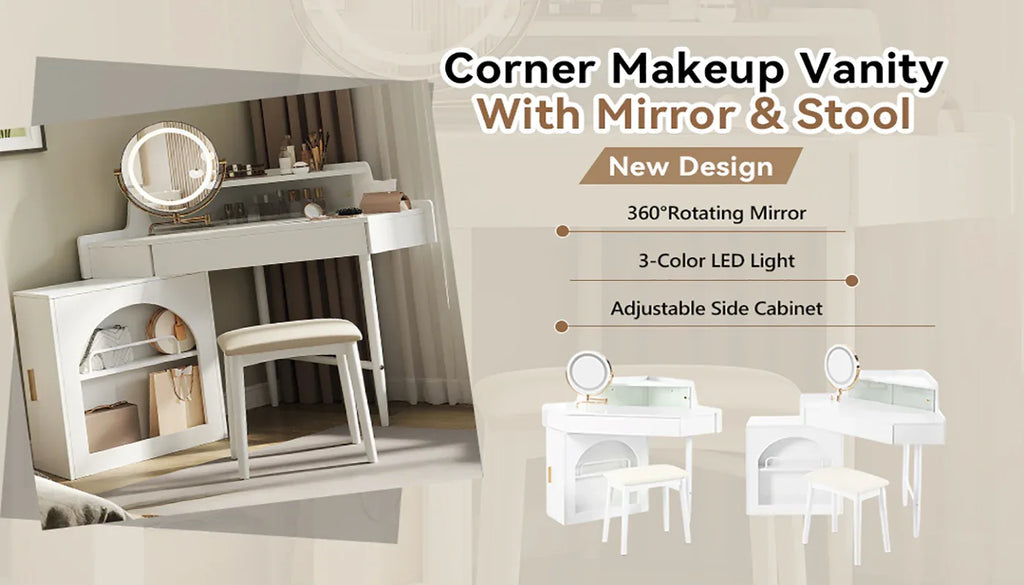 Corner Makeup Vanity Desk With Mirror & LED Lights, Modern Vanity Set With Mirror And Stool, Dressing Table With Large Storage For Small Place, Brightness Adjustable Folding Mirror, White - Eloy Royal