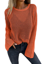 Allimy Womens Sweaters Hollow Out Crochet Metallic Knits Crewneck Long Sleeve Sweater Pullover Outerwear Orange S