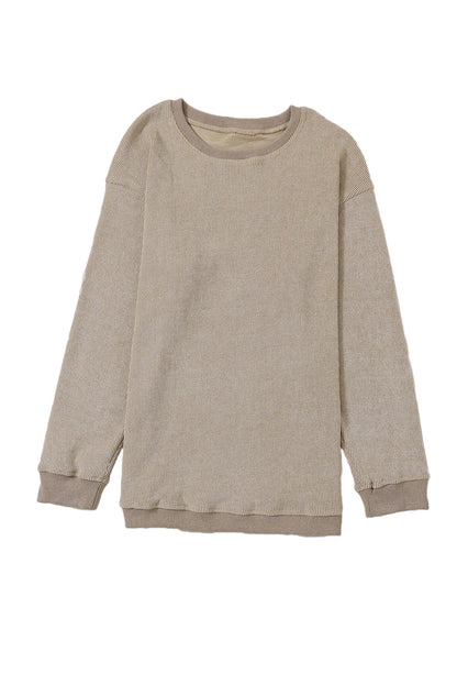 Khaki Solid Ribbed Round Neck Pullover Sweatshirt - Eloy Royal