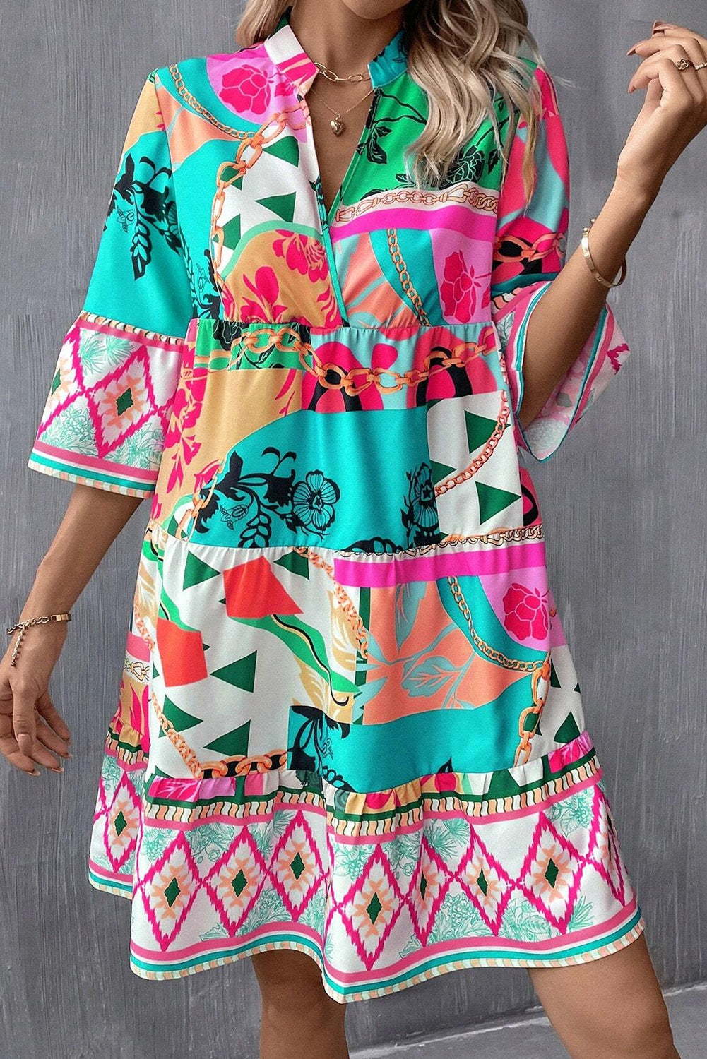 Multicolour Boho Abstract Print Flowy Tiered Dress - Eloy Royal