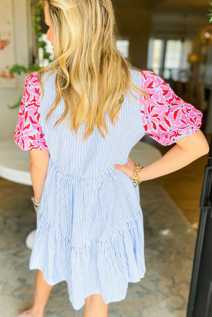 Sky Blue Stripe Floral Puff Sleeve Ruffle Tiered Dress - Eloy Royal