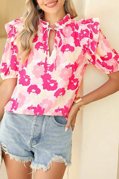 Pink Split Neck Ruffled Puff Sleeves Floral Top - Eloy Royal