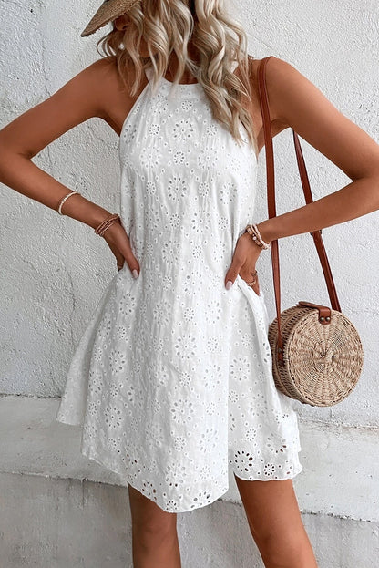 White Lace Eyelet Sleeveless O-Neck Keyhole Back Mini Dress - Eloy Royal