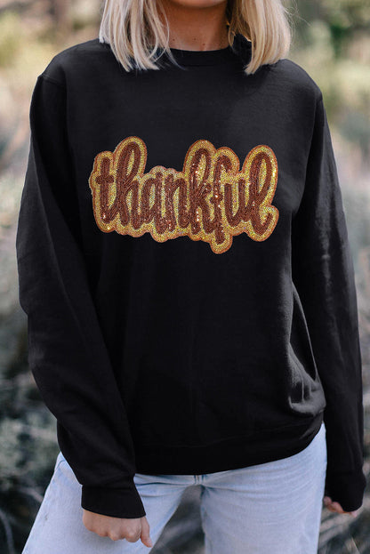 Black thankful Print Sequin Graphic Sweatshirt