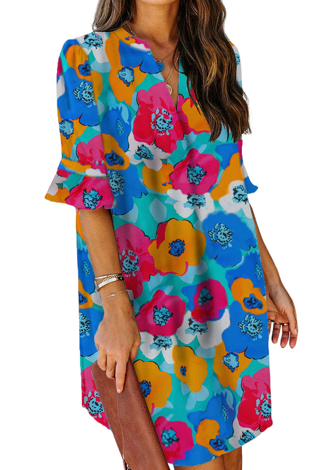 Multicolor Floral Print Mandarin Collar Short Sleeve Tunic Dress - Eloy Royal