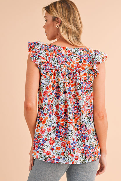 Rose Red Boho Floral Square Neck Flutter Sleeveless Top - Eloy Royal