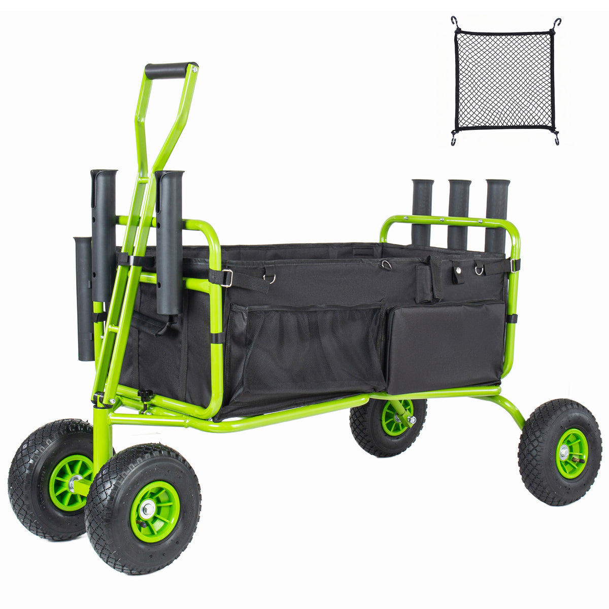 Fishing Cart Beach Cart Collapsible Wagon 9.85'' All-Terrain Wheels for Sand, Heavy Duty Garden Cart with Rod Holders,Umbrella Holder and Storage Pockets, 550lb Large Capacity, Green+Black