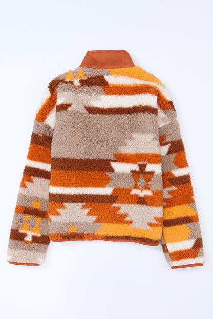 Brown Striped and Geometric Fleece Jacket with Quilted Patch Pockets - Eloy Royal