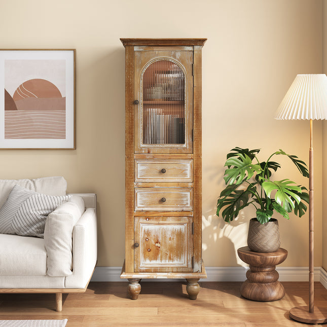 Farmhouse Tall Narrow Storage Cabinet – Rustic Wood Linen Cabinet with 2 Drawers & 2 Doors, Freestanding Bathroom Floor Cabinet for Living Room, Hallway, Kitchen (Antique White)