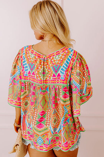 Green Geometric Print Bell Sleeve Plus Size Blouse - Eloy Royal