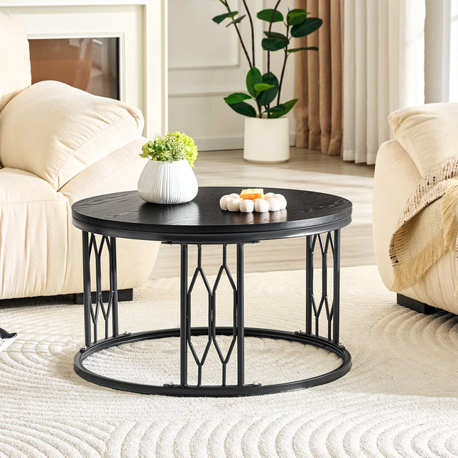 Black Round MDF Coffee Table, 27.5-inch Diameter. A round coffee table for the living room featuring a rustic industrial design, with sturdy metal frame legs and easy assembly.