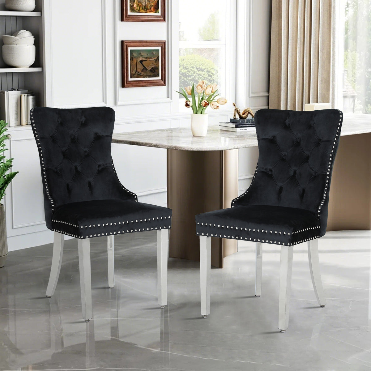 Rubberwood velvet ergonomic chairs, set of 2,BLACK,silver trim