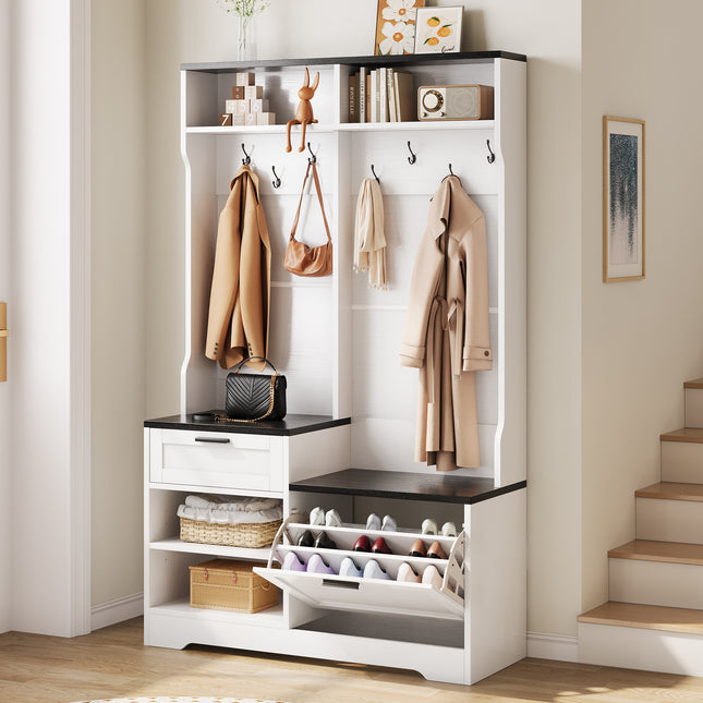 Hall Tree with Bench and Shoe Storage, 6-in-1 Entryway Organizer, 43.3' x 15.75' x 70.87', MDF Wood, Embossed White/Black Wood Grain Finish