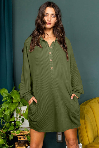 Moss Green Corded Buttons Placket Collared Shift Dress