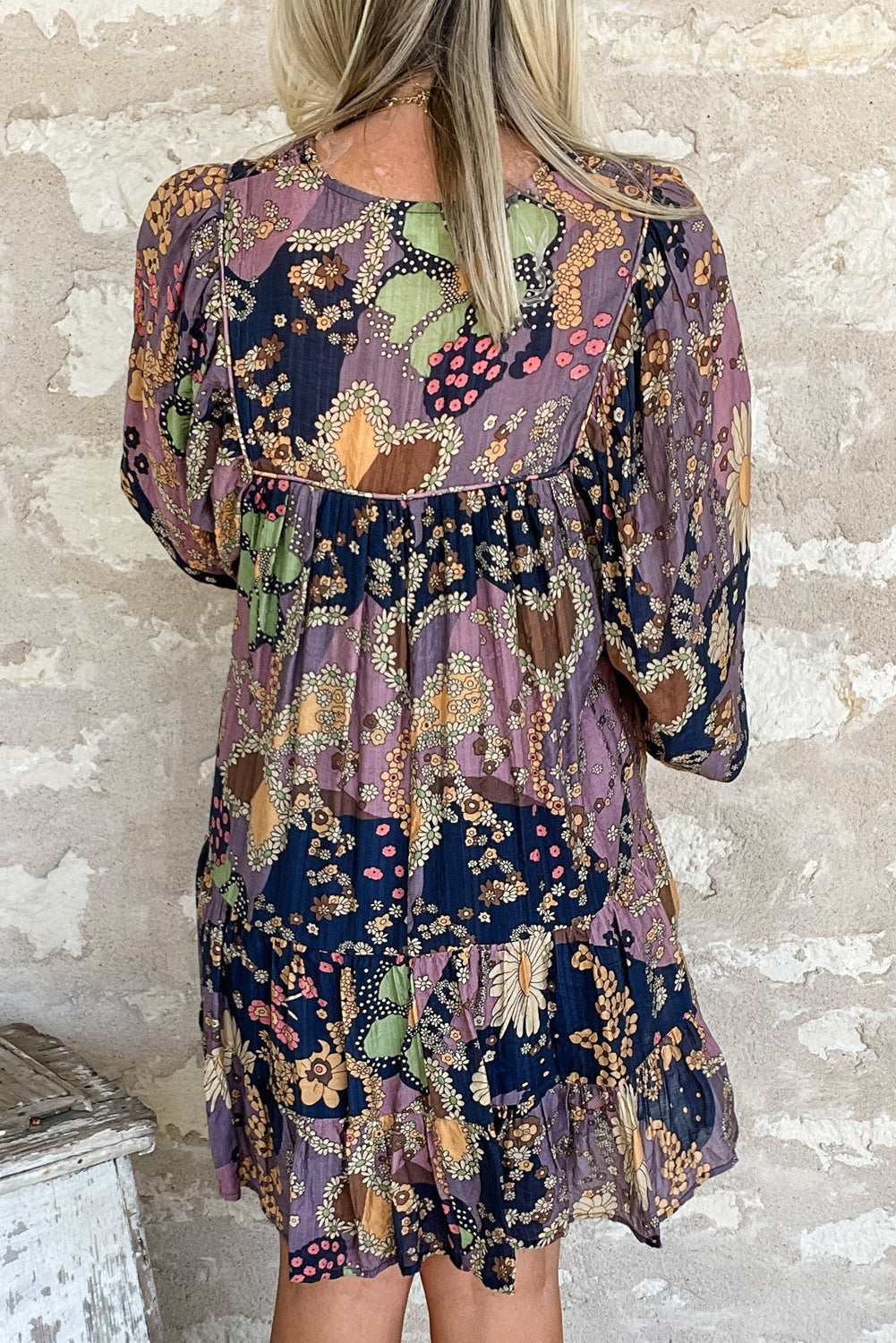 Purple Boho Floral Print Puff Sleeve Flowy Mini Dress - Eloy Royal