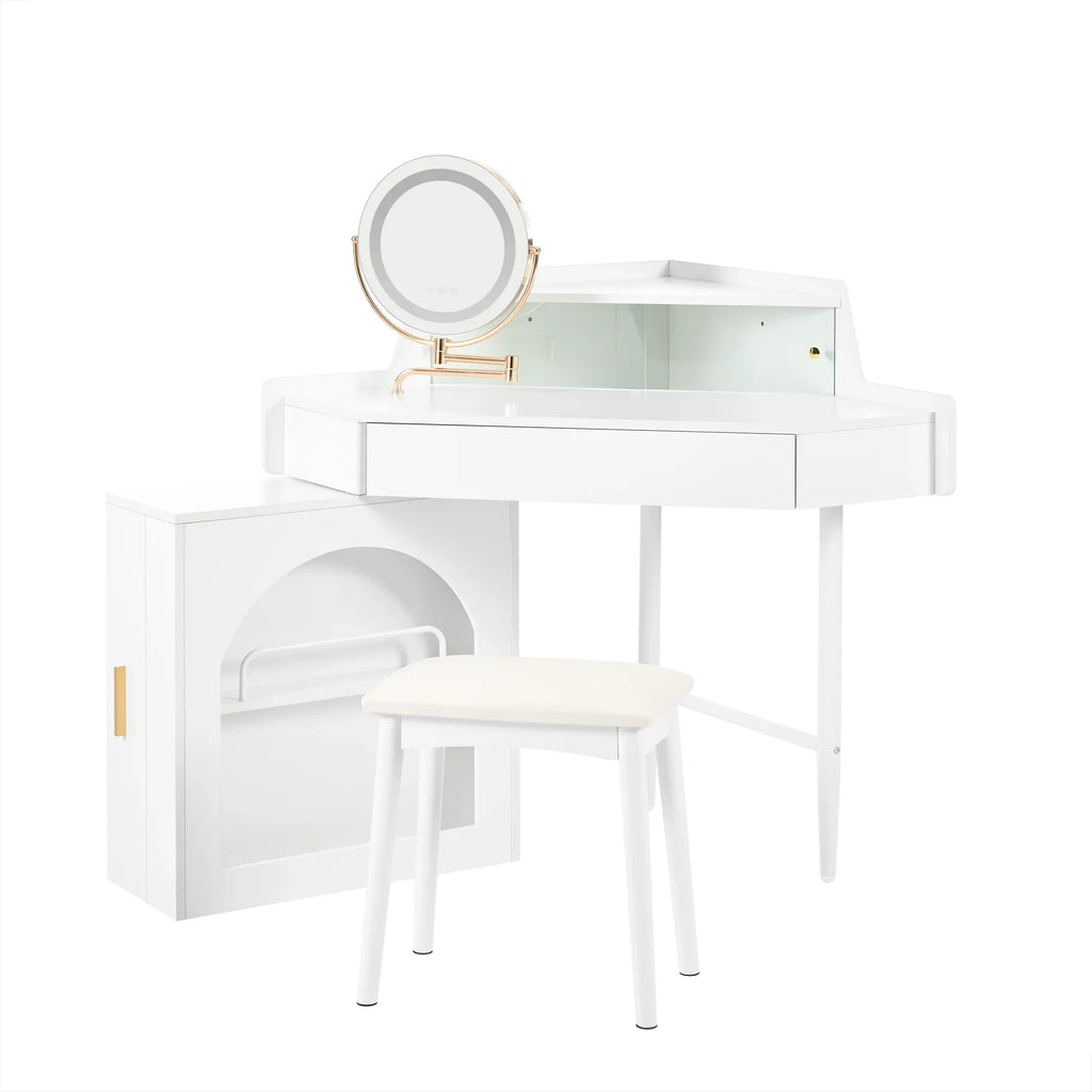 Corner Makeup Vanity Desk With Mirror & LED Lights, Modern Vanity Set With Mirror And Stool, Dressing Table With Large Storage For Small Place, Brightness Adjustable Folding Mirror, White - Eloy Royal