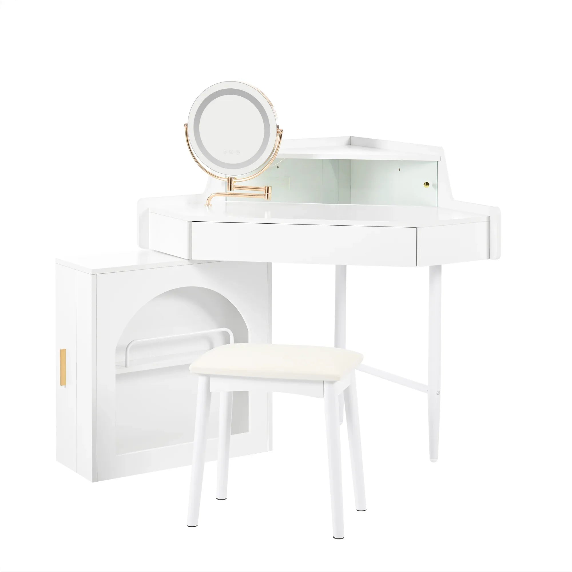 Corner Makeup Vanity Desk With Mirror & LED Lights, Modern Vanity Set With Mirror And Stool, Dressing Table With Large Storage For Small Place, Brightness Adjustable Folding Mirror, White - Eloy Royal