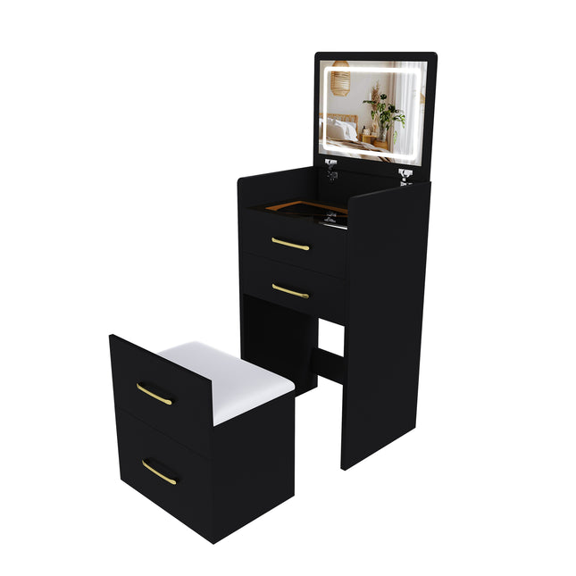 3 in 1 Black Vanity Desk with Open Top Mirror, Glass Desktop Makeup Set with 3 Drawers, Compact Dressing Table for Bedroom