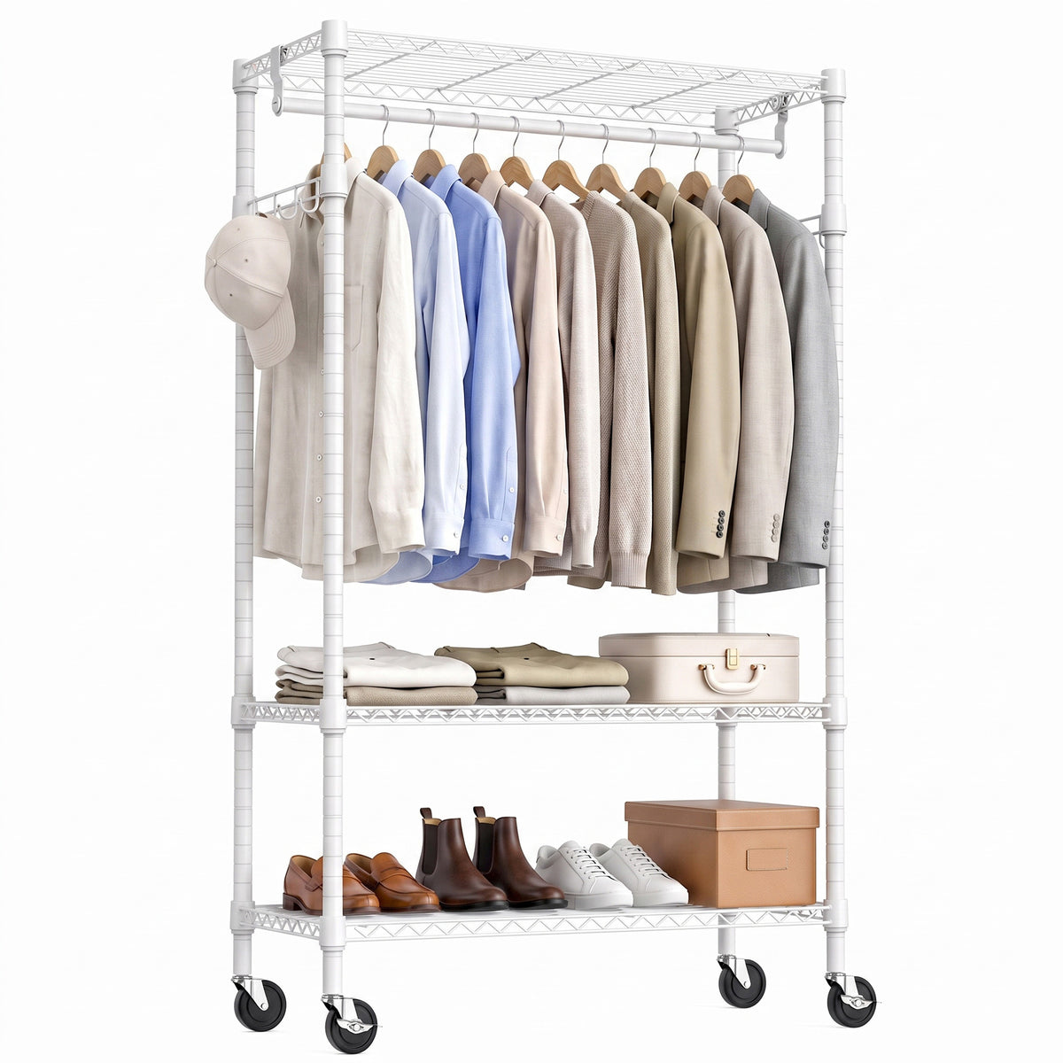 Heavy Duty Rolling Garment Rack 3 Tiers Adjustable Wire Shelving Clothes Rack with Rods and Side Hooks,Storage Closet Clothing Rack with Wheels White 15.7' D x 29.5' W x 74.5' H