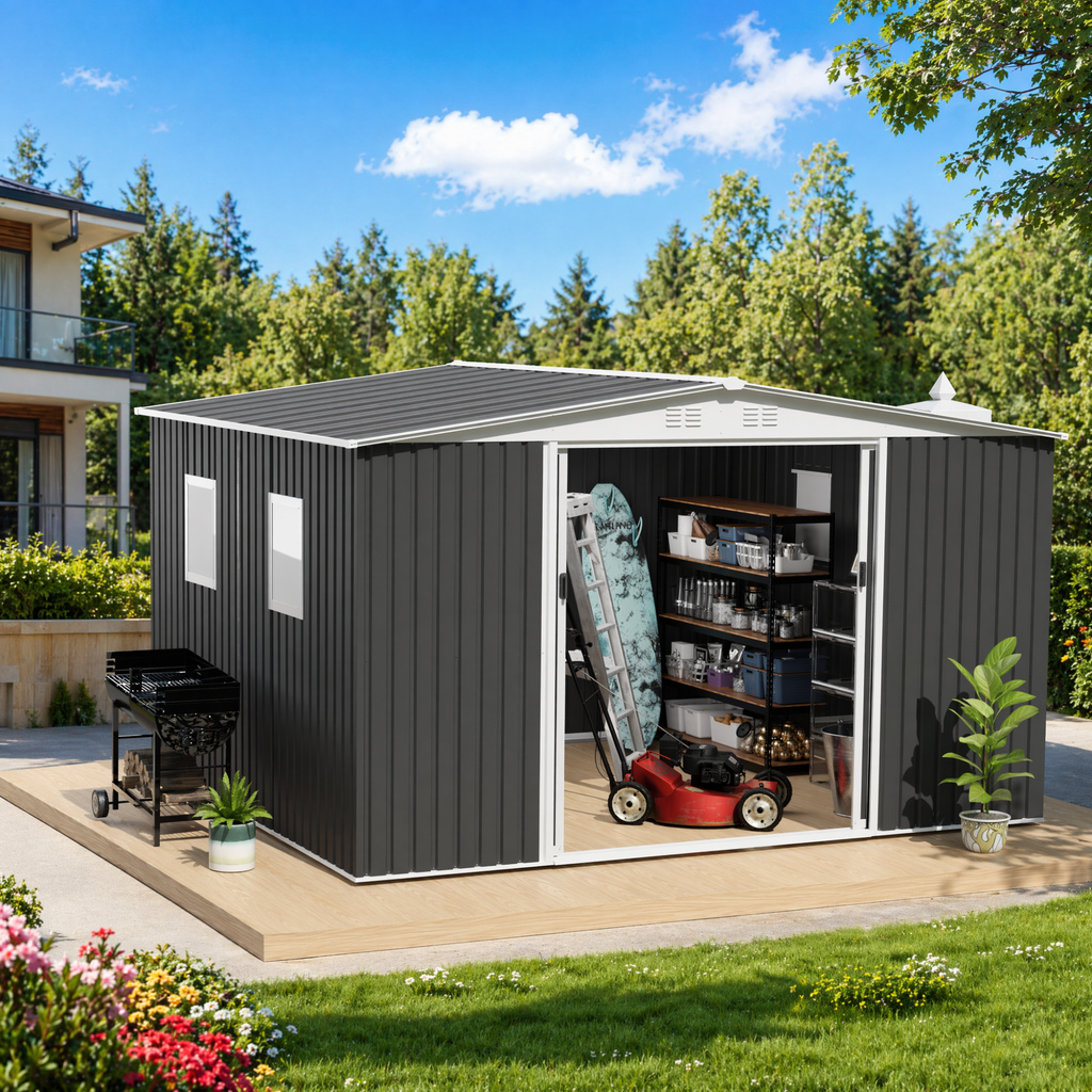 12x10FT Metal Garden Shed With Sliding Door 4 Windows design Apex Roof Storage Shed