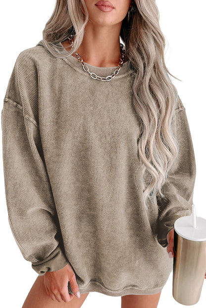 Khaki Solid Ribbed Round Neck Pullover Sweatshirt - Eloy Royal