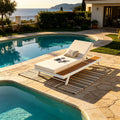White Iron + Teak Finish Chaise Lounge Set with Cream Cushion, 400 lbs Capacity, 4' Thick 3-Fold Water-Resistant Cushion, Adjustable Backrest with Flat Storage Surface for Patio Poolside Backyard