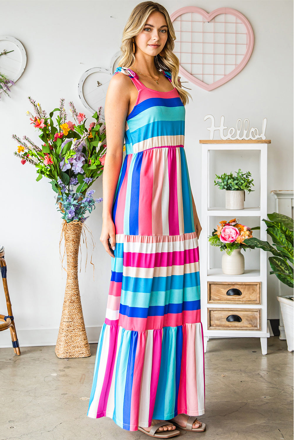 Multicolor Striped Print Bow Knot Straps Sleeveless Maxi Dress - Eloy Royal