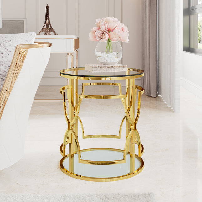 19.7' Luxury Gold Round Side Table with Tempered Glass Top & Storage Shelf, Modern Glam End Table with Metal Frame for Living Room, Bedroom, Sofa Side, Small Space Accent Table
